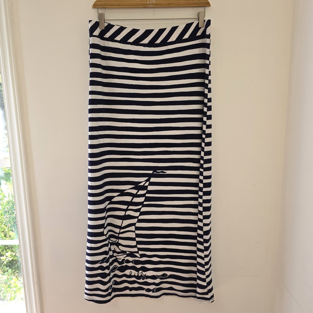 Lilly Pulitzer Maxi Knit Skirt Size XL Sailboat Fish Stripes Navy Pull-On Womens